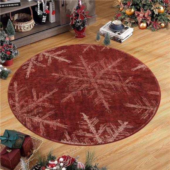 Snowflake Round Christmas Rug, Small Washable Round Rug 3ft Non-Slip, (Red) - Picture 1 of 6